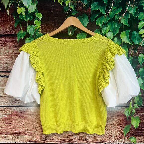 Entro Twofer Puff Short Sleeve Knit Blouse Medium Sweater Lime Green Preppy - Picture 4 of 6